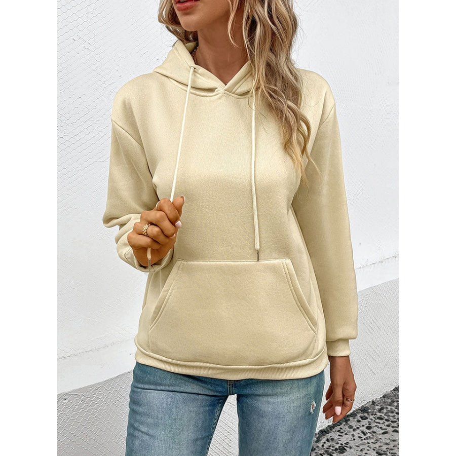 Long Sleeve Front Pocket Hoodie Cream / S