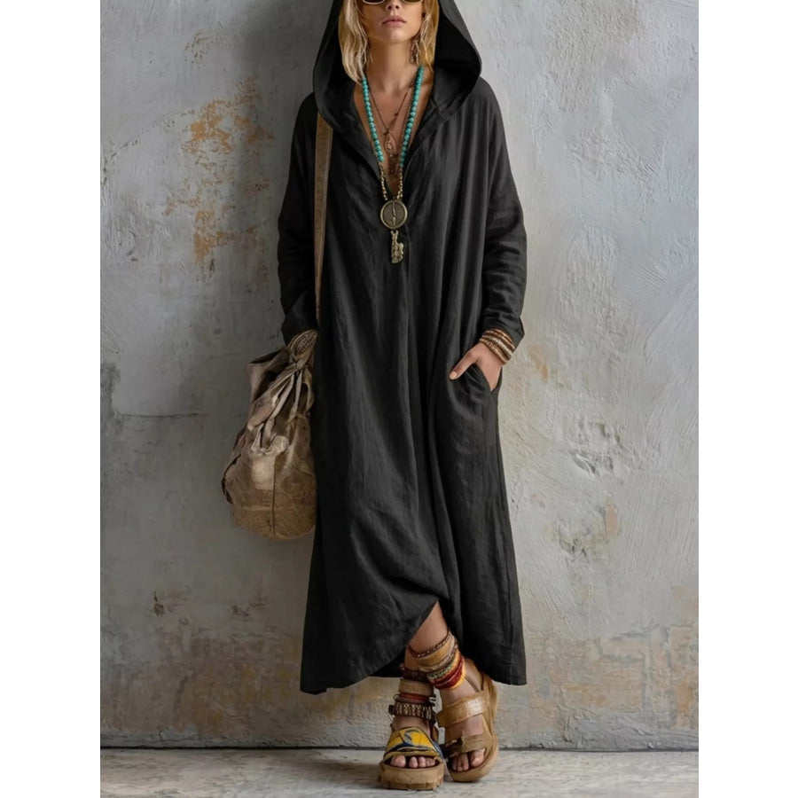 Long Sleeve Hooded Midi Dress with Pockets Black / S Apparel and Accessories