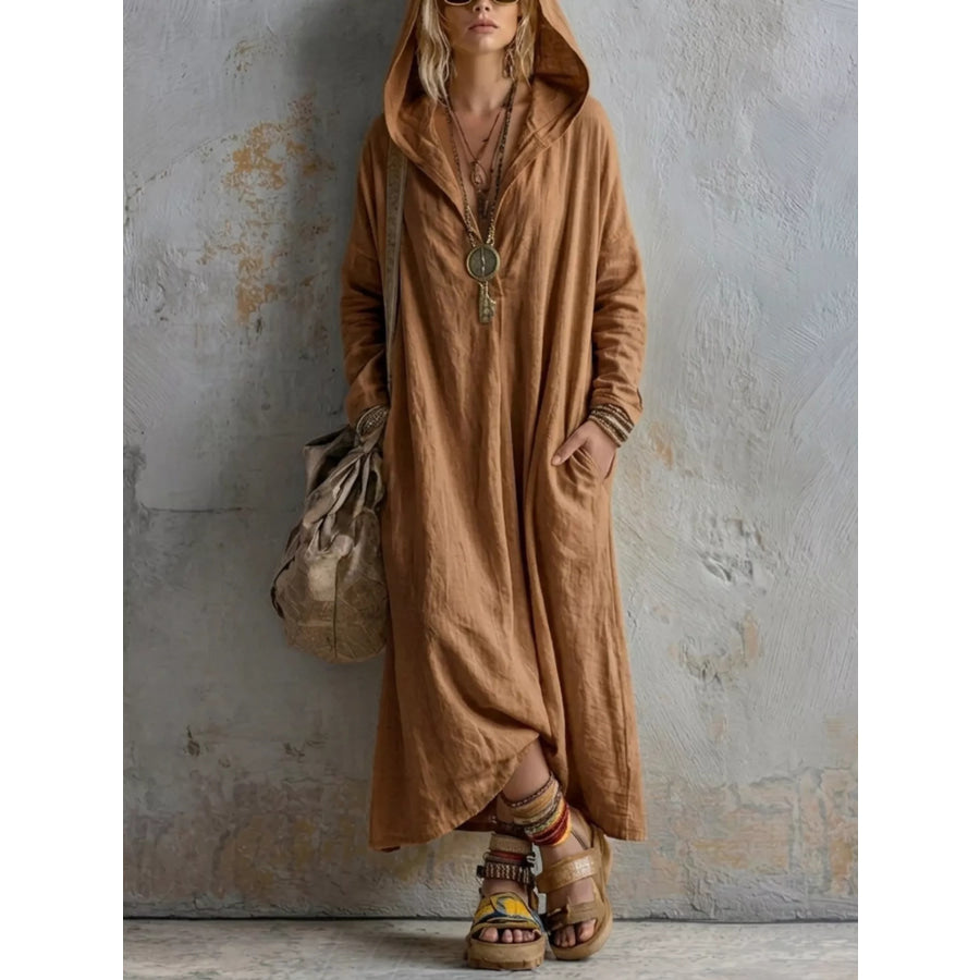 Long Sleeve Hooded Midi Dress with Pockets Brown / S Apparel and Accessories