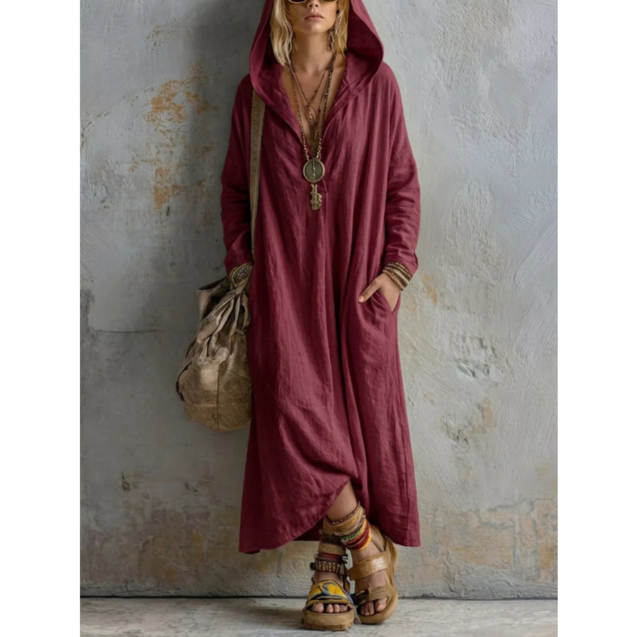 Long Sleeve Hooded Midi Dress with Pockets Burgundy / S Apparel and Accessories