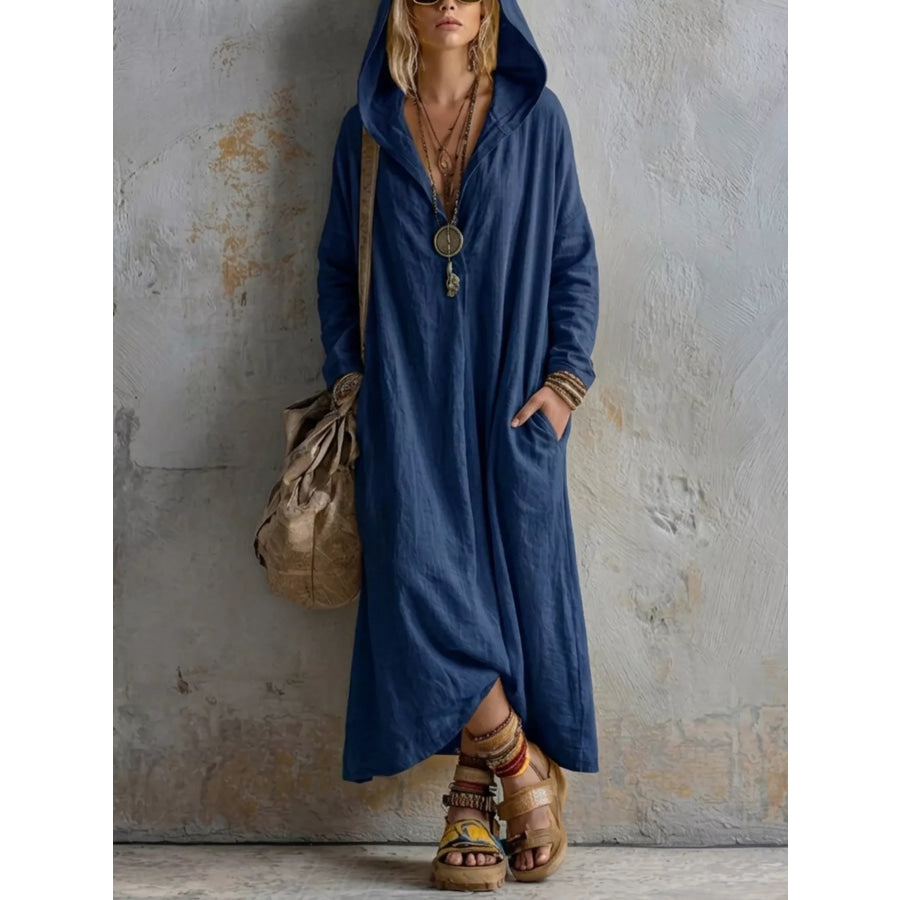 Long Sleeve Hooded Midi Dress with Pockets Navy / S Apparel and Accessories
