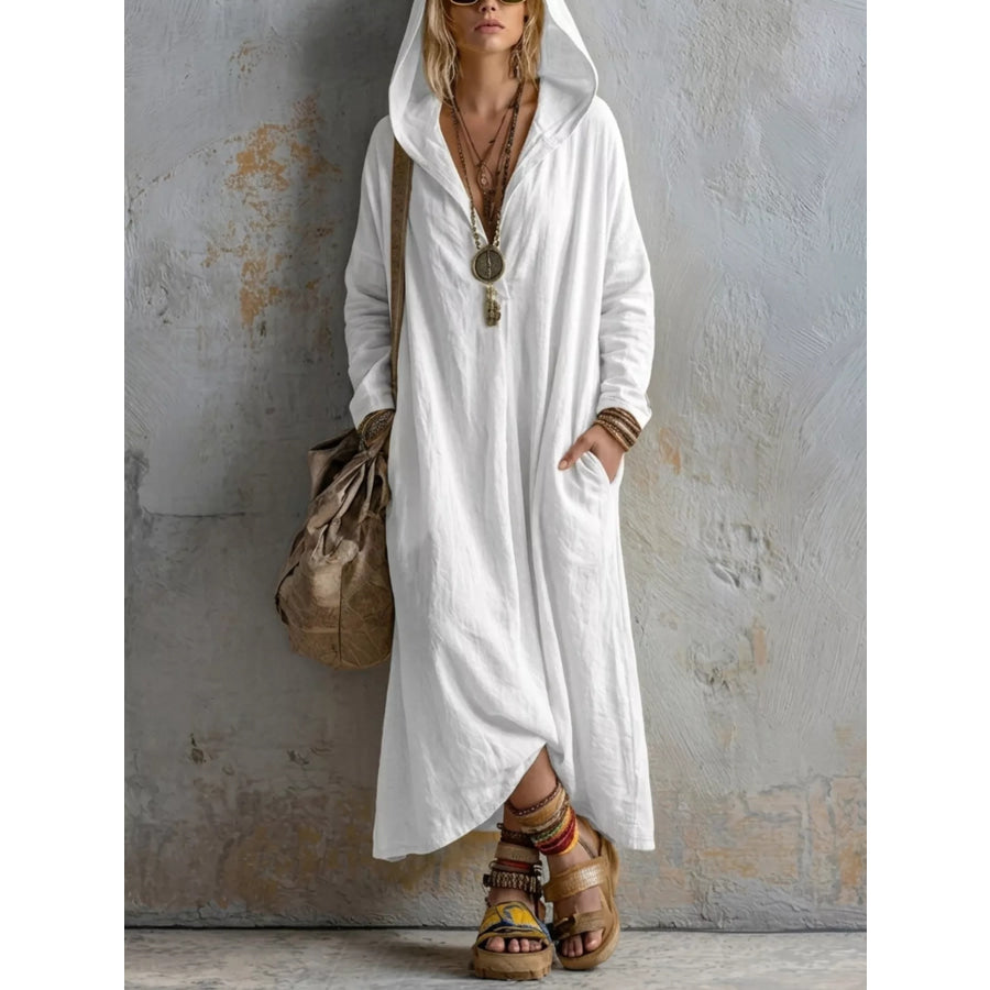 Long Sleeve Hooded Midi Dress with Pockets White / S Apparel and Accessories