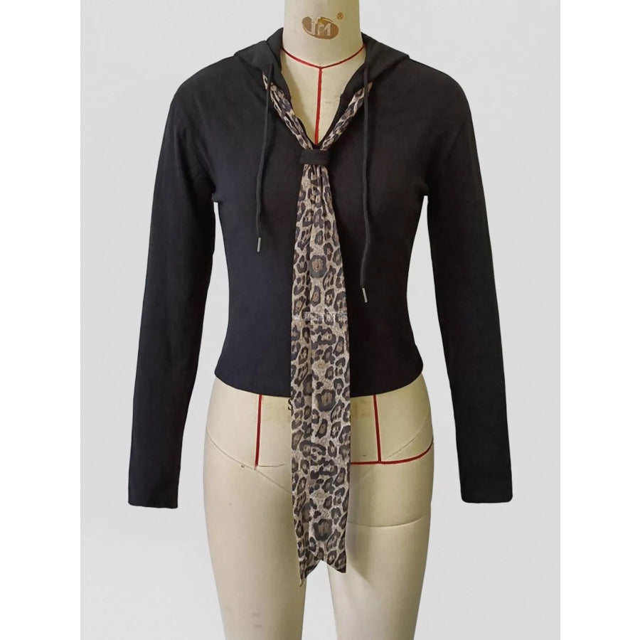 Long Sleeve Hooded T-Shirt with Leopard Scarf Detail Apparel and Accessories