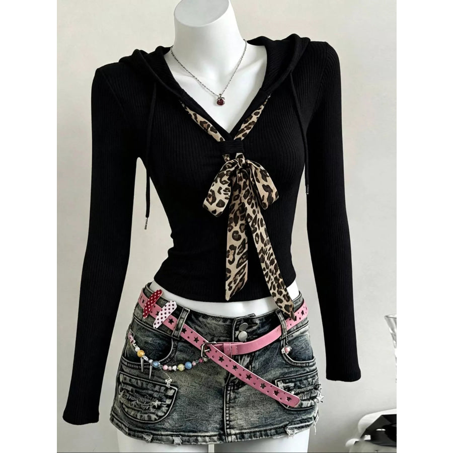 Long Sleeve Hooded T-Shirt with Leopard Scarf Detail Apparel and Accessories