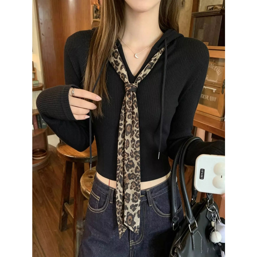 Long Sleeve Hooded T-Shirt with Leopard Scarf Detail Black / M Apparel and Accessories