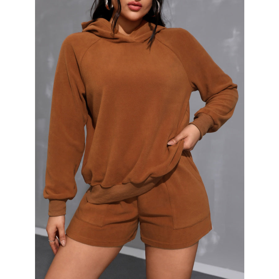 Long Sleeve Hoodie and Pocketed Shorts Set Caramel / S Apparel and Accessories