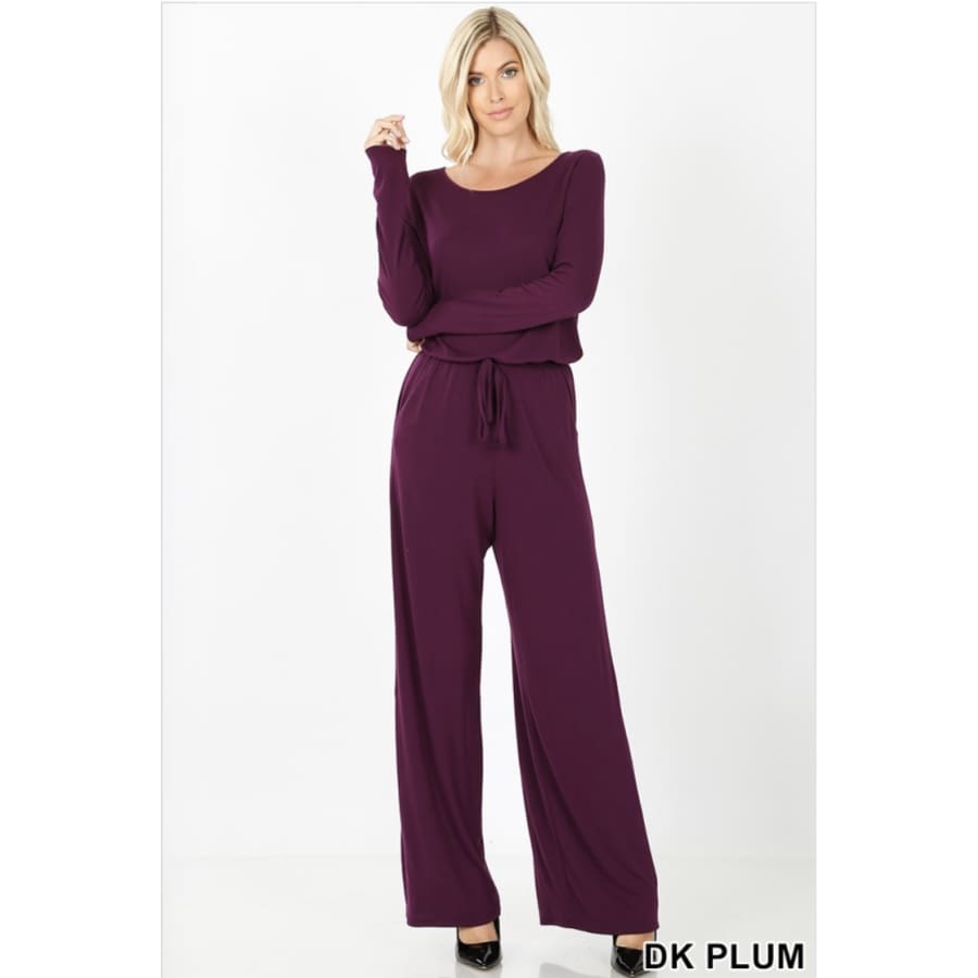 Long Sleeve Jumpsuit with Elastic Waist and Keyhole Opening Dark Plum / 1XL Jumpsuits and Rompers