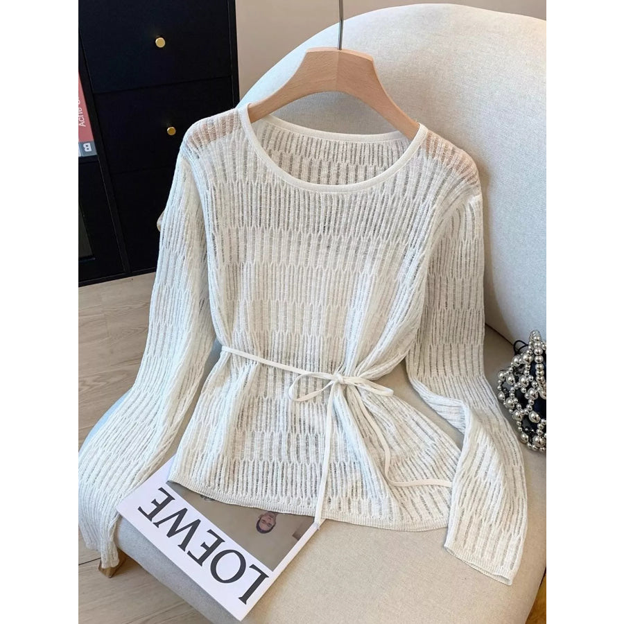 Long Sleeve Knit Top with Tie Detail Beige / One Size Apparel and Accessories