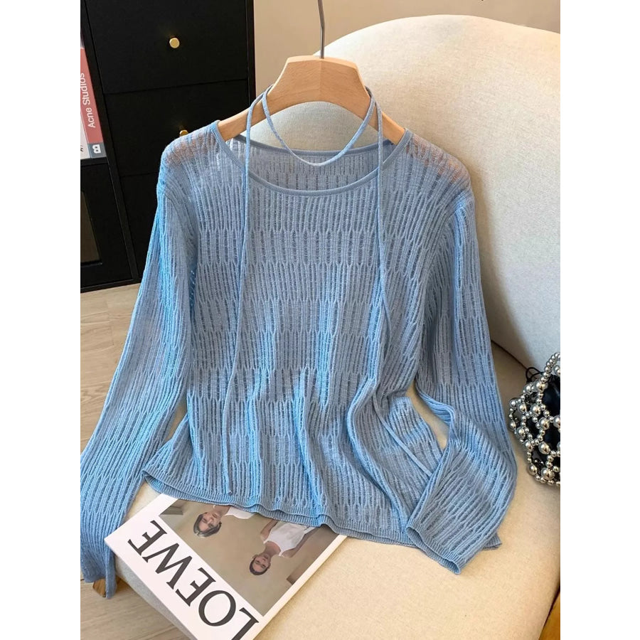 Long Sleeve Knit Top with Tie Detail Light Blue / One Size Apparel and Accessories