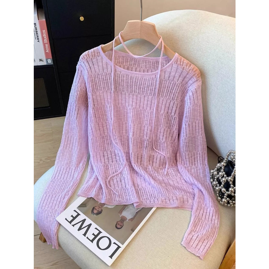 Long Sleeve Knit Top with Tie Detail Pink Purple / One Size Apparel and Accessories