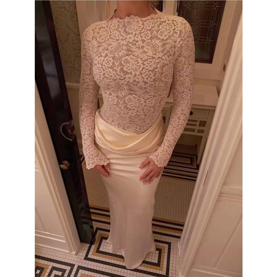 Long-Sleeve Lace and Satin Patchwork Maxi Dress Apparel Accessories