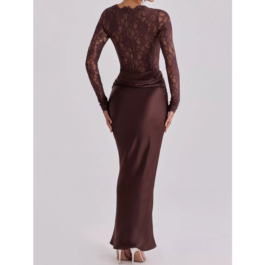Long-Sleeve Lace and Satin Patchwork Maxi Dress Apparel Accessories