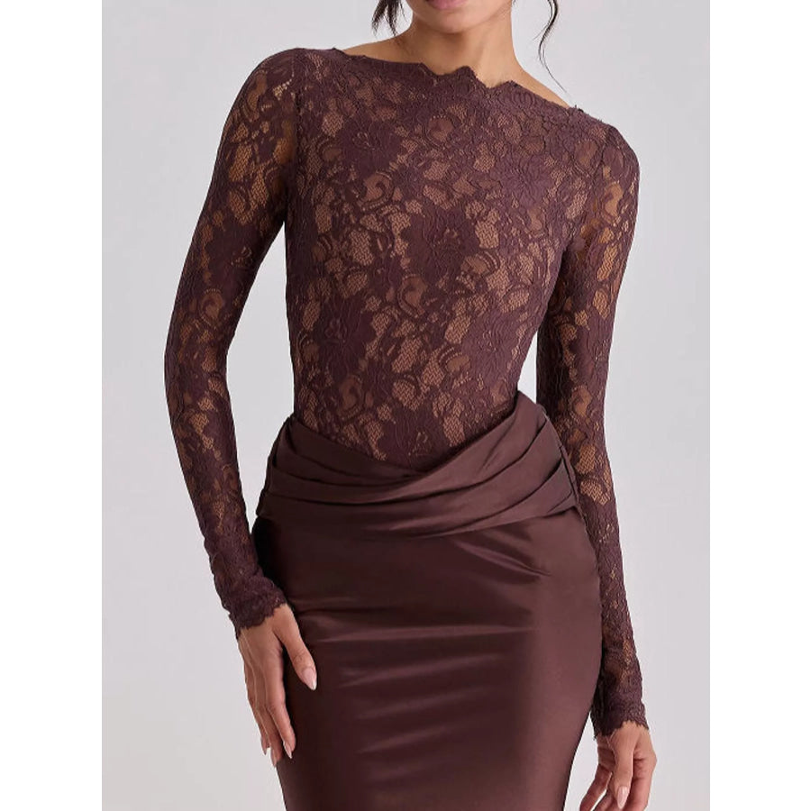 Long-Sleeve Lace and Satin Patchwork Maxi Dress Dark Red / S Apparel Accessories