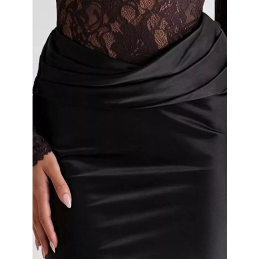 Long-Sleeve Lace and Satin Patchwork Maxi Dress Apparel Accessories