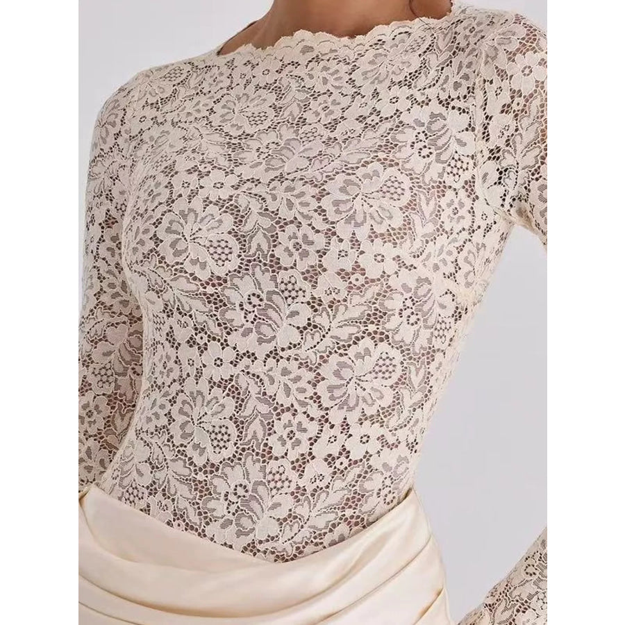 Long-Sleeve Lace and Satin Patchwork Maxi Dress Apparel Accessories