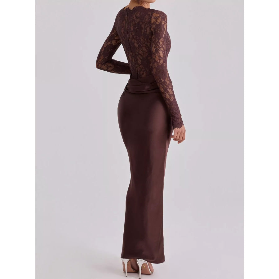 Long-Sleeve Lace and Satin Patchwork Maxi Dress Apparel Accessories