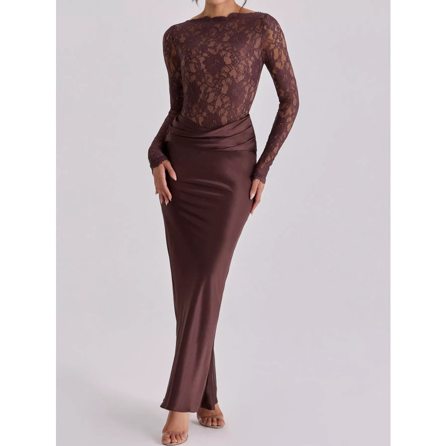Long-Sleeve Lace and Satin Patchwork Maxi Dress Apparel Accessories