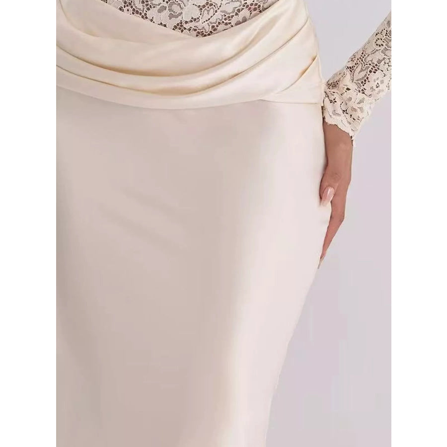 Long-Sleeve Lace and Satin Patchwork Maxi Dress Apparel Accessories