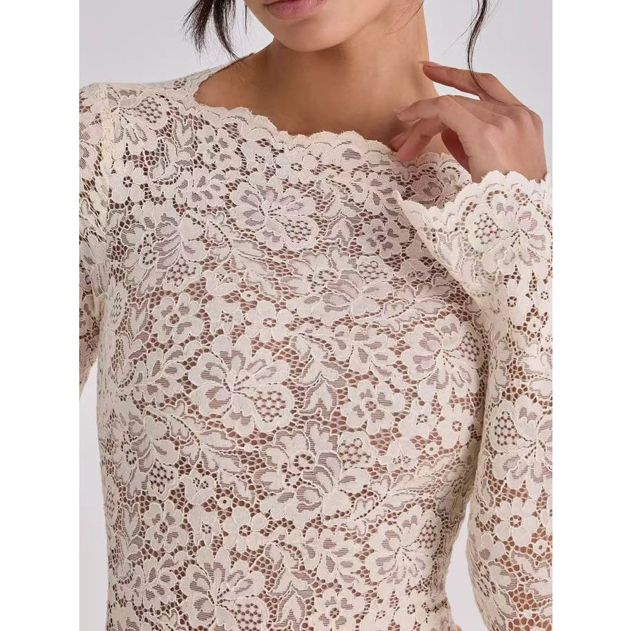 Long-Sleeve Lace and Satin Patchwork Maxi Dress Apparel Accessories