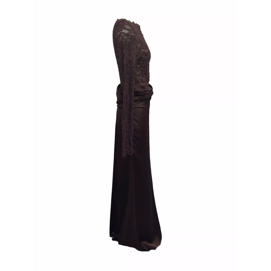 Long-Sleeve Lace and Satin Patchwork Maxi Dress Apparel Accessories