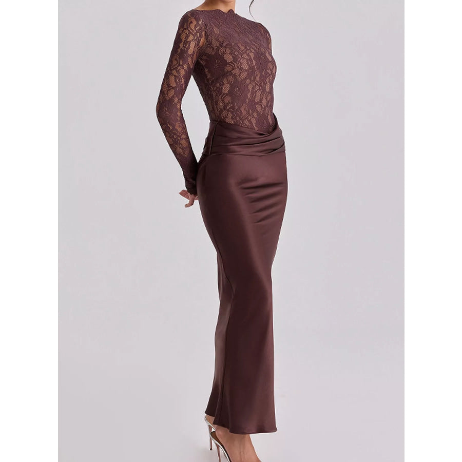 Long-Sleeve Lace and Satin Patchwork Maxi Dress Dark Red / S Apparel Accessories