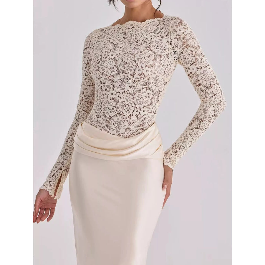 Long-Sleeve Lace and Satin Patchwork Maxi Dress Ivory / S Apparel Accessories