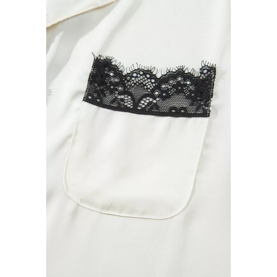 Long Sleeve Lace Trim Button Front Pajama Set Apparel and Accessories