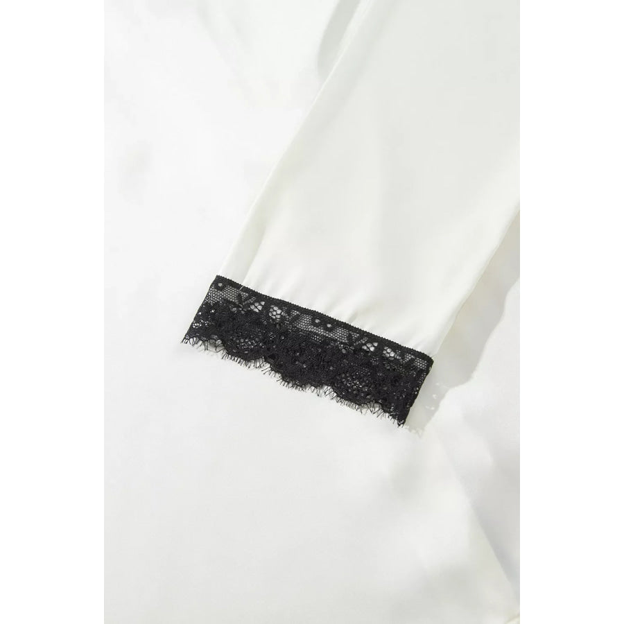 Long Sleeve Lace Trim Button Front Pajama Set Apparel and Accessories
