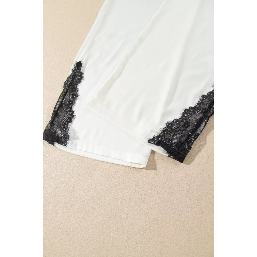 Long Sleeve Lace Trim Button Front Pajama Set Apparel and Accessories
