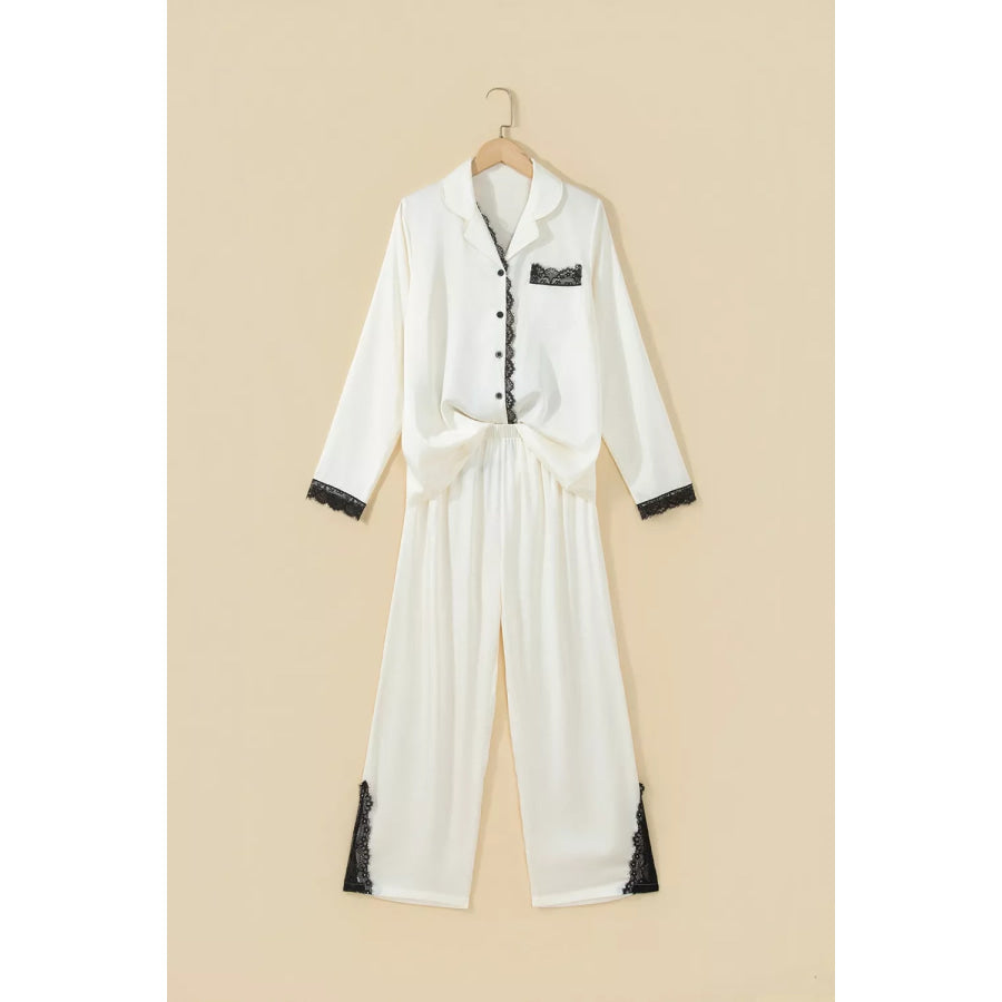 Long Sleeve Lace Trim Button Front Pajama Set Apparel and Accessories