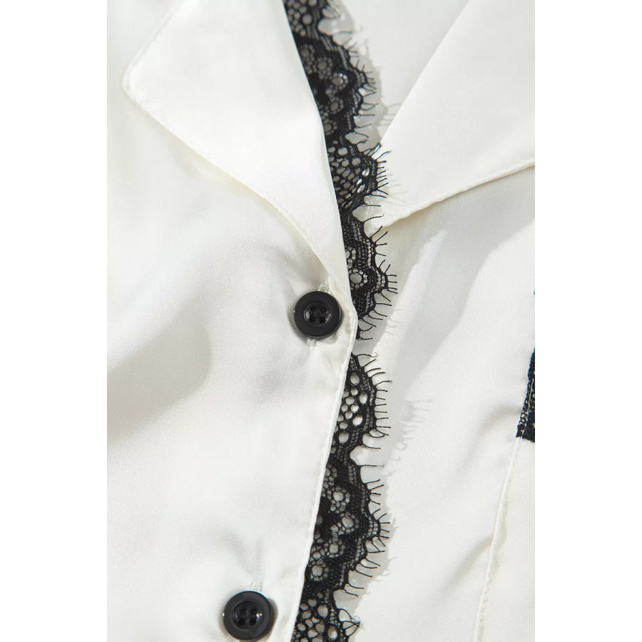 Long Sleeve Lace Trim Button Front Pajama Set Apparel and Accessories