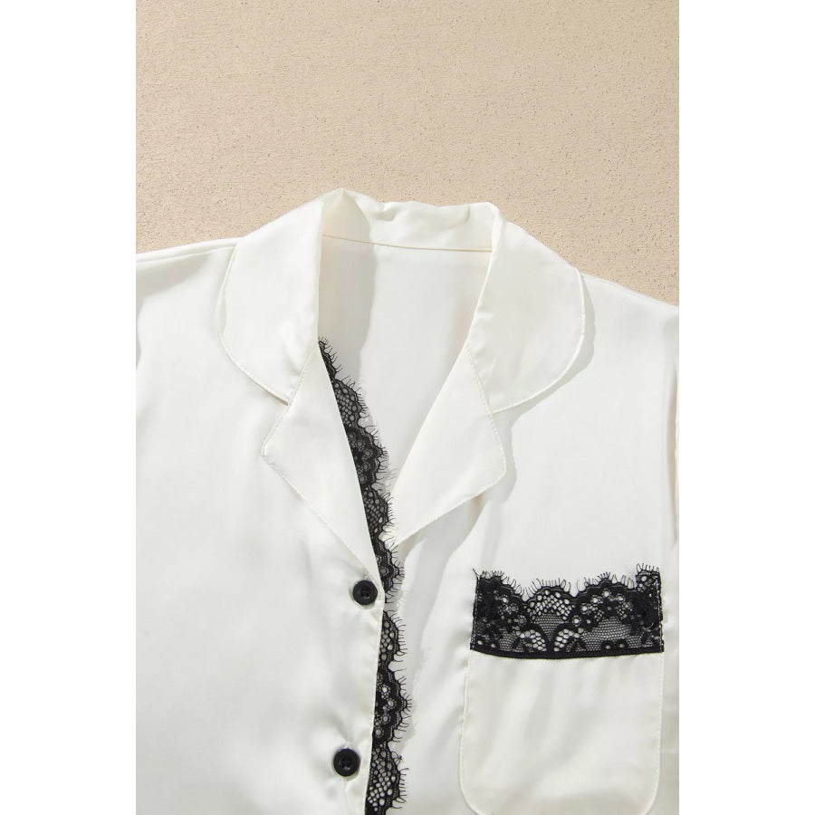 Long Sleeve Lace Trim Button Front Pajama Set Apparel and Accessories