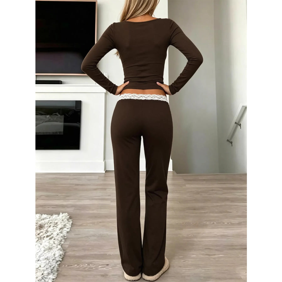 Long Sleeve Lace Trim Crop Top and Wide Leg Pants Set Apparel Accessories