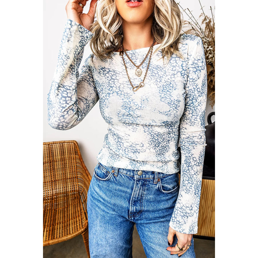 Long Sleeve Leopard Print Round Neck Sheath Top Apparel and Accessories