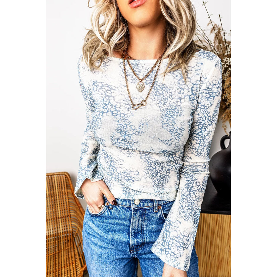 Long Sleeve Leopard Print Round Neck Sheath Top Apparel and Accessories