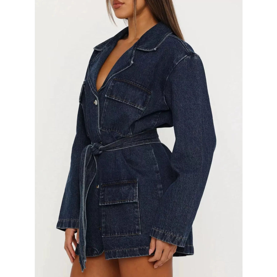 Long Sleeve Longline Denim Jacket with Belt Apparel and Accessories
