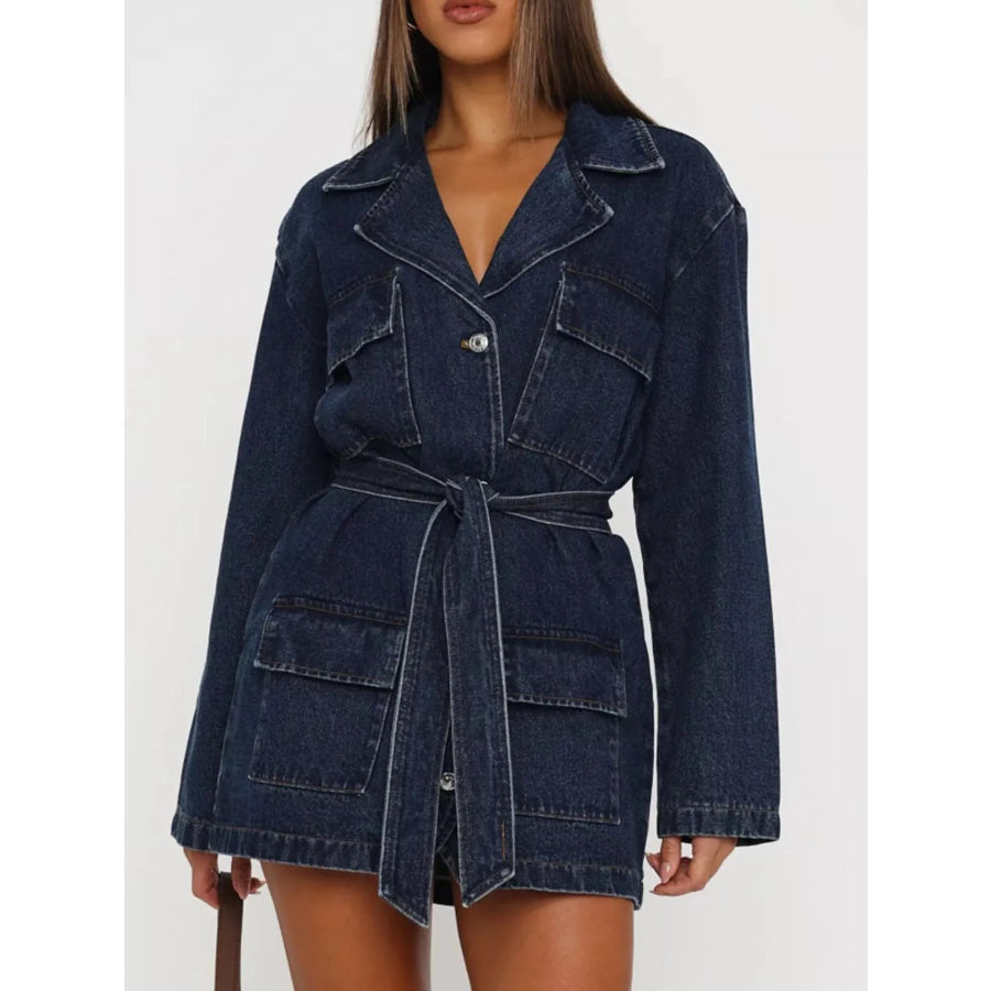 Long Sleeve Longline Denim Jacket with Belt Dark Blue / S Apparel and Accessories