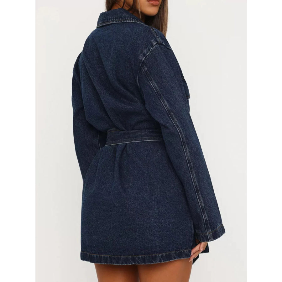 Long Sleeve Longline Denim Jacket with Belt Apparel and Accessories