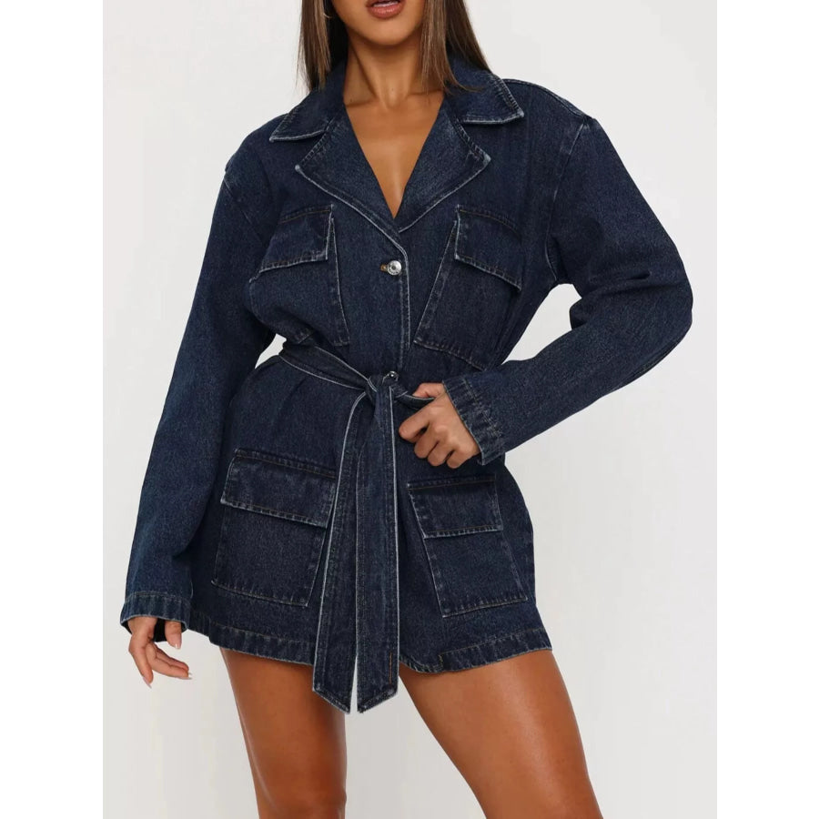 Long Sleeve Longline Denim Jacket with Belt Dark Blue / S Apparel and Accessories