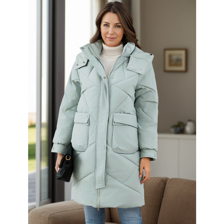 Long Sleeve Longline Hooded Winter Coat with Pockets Apparel and Accessories