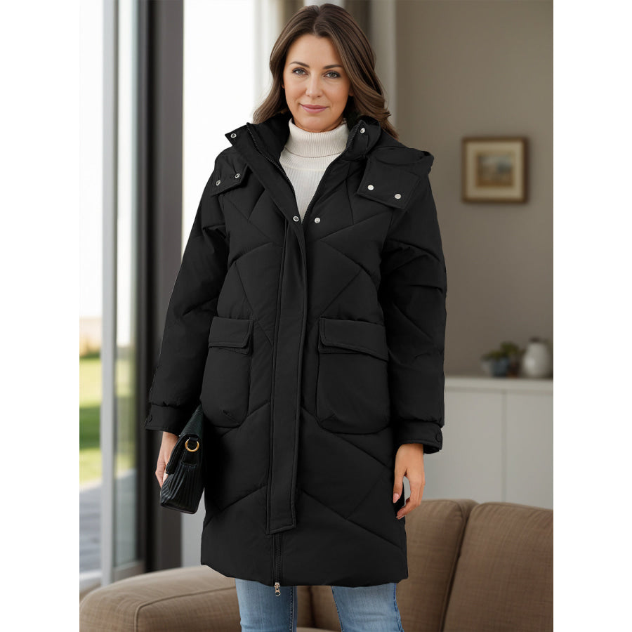 Long Sleeve Longline Hooded Winter Coat with Pockets Apparel and Accessories