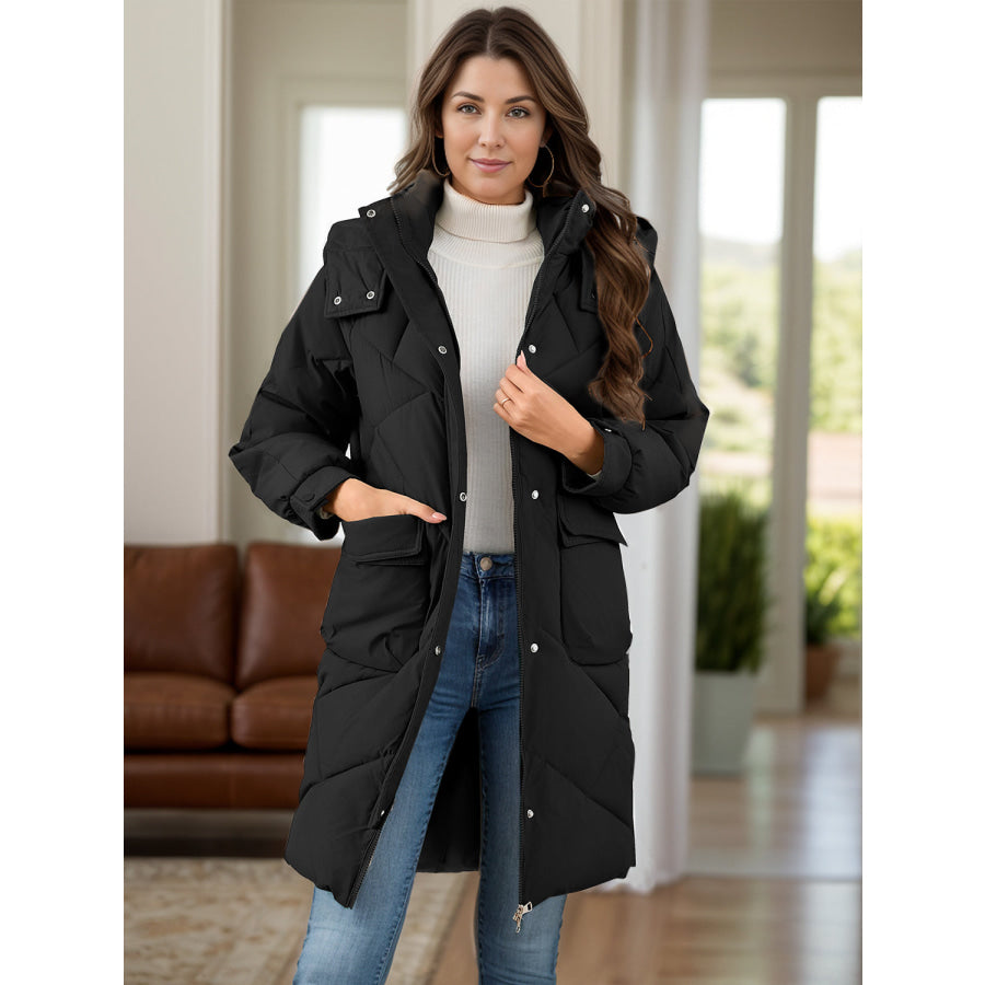 Long Sleeve Longline Hooded Winter Coat with Pockets Black / S Apparel and Accessories