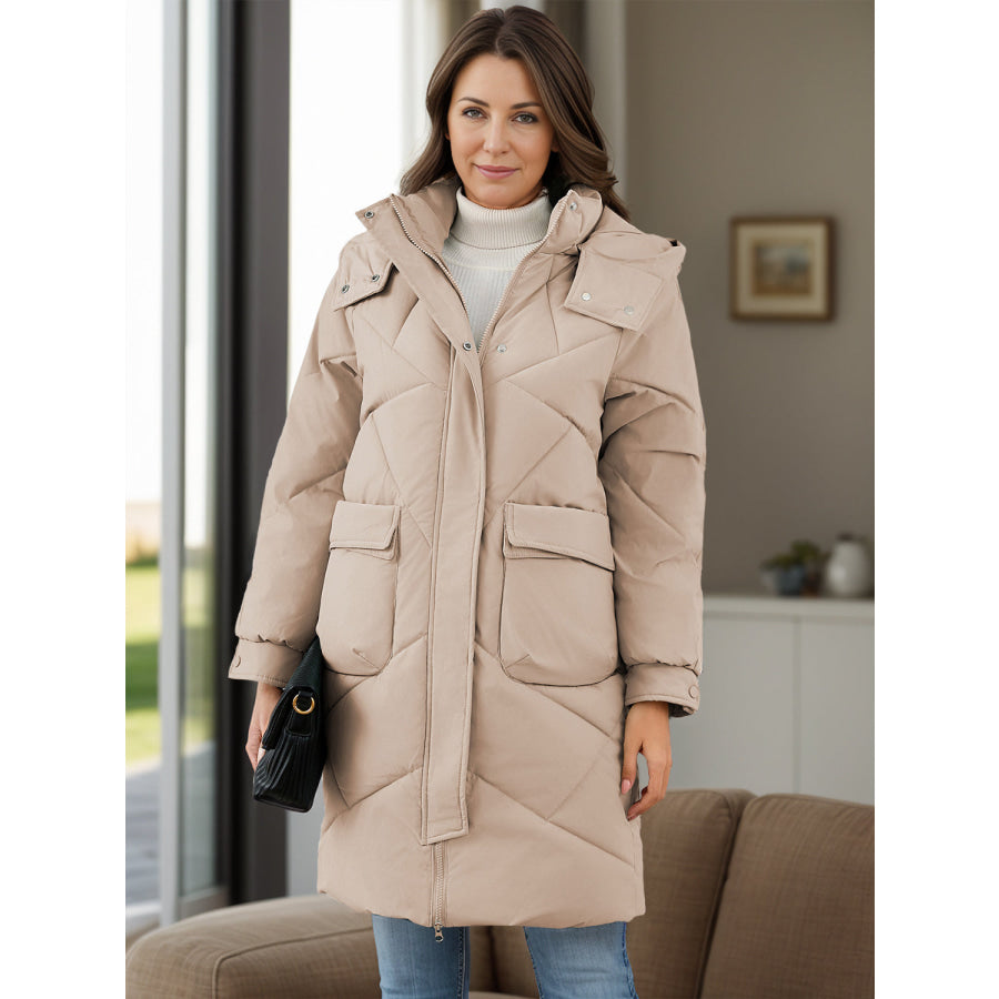 Long Sleeve Longline Hooded Winter Coat with Pockets Khaki / S Apparel and Accessories