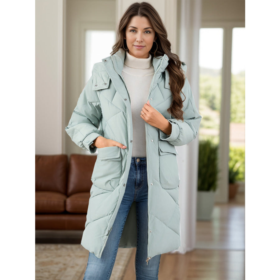 Long Sleeve Longline Hooded Winter Coat with Pockets Sage / S Apparel and Accessories