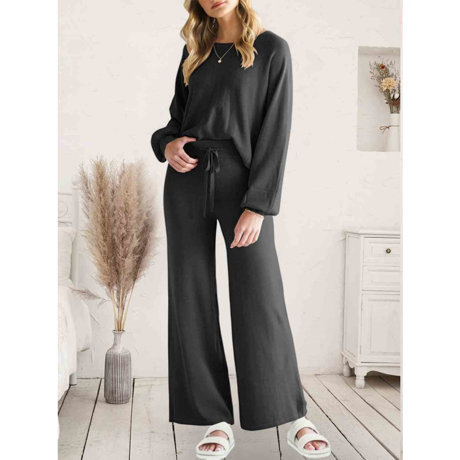 Long Sleeve Lounge Top and Drawstring Pants Set Black / S