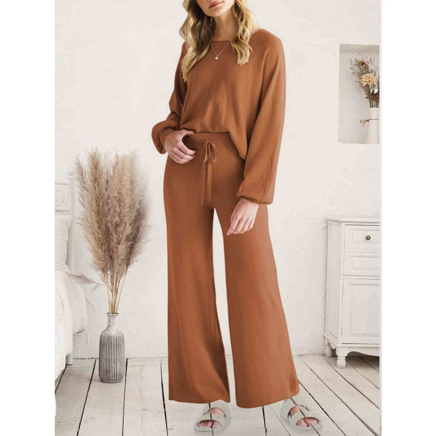 Long Sleeve Lounge Top and Drawstring Pants Set Caramel / S