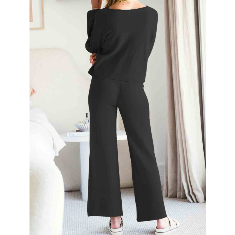 Long Sleeve Lounge Top and Drawstring Pants Set Black / S