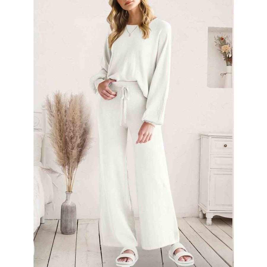 Long Sleeve Lounge Top and Drawstring Pants Set White / S