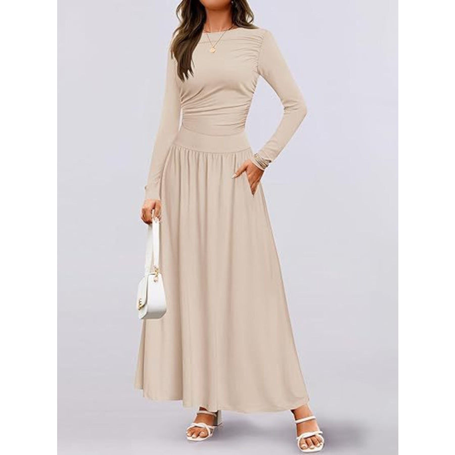 Long Sleeve Maxi Dress with Pockets Apricot / S Apparel and Accessories
