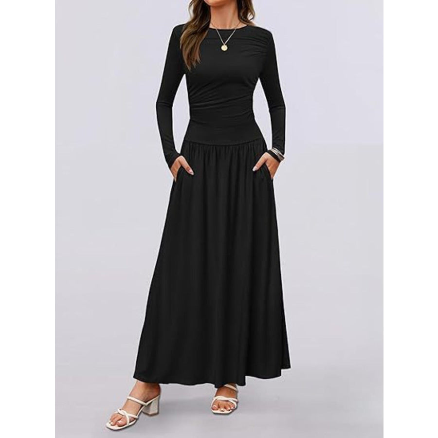 Long Sleeve Maxi Dress with Pockets Black / S Apparel and Accessories